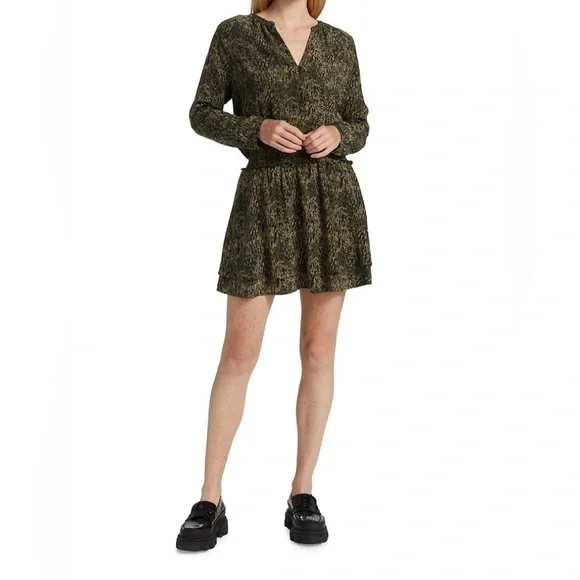 Rails Jasmine Olive Static Womens Printed Smocked Mini Dress Size M